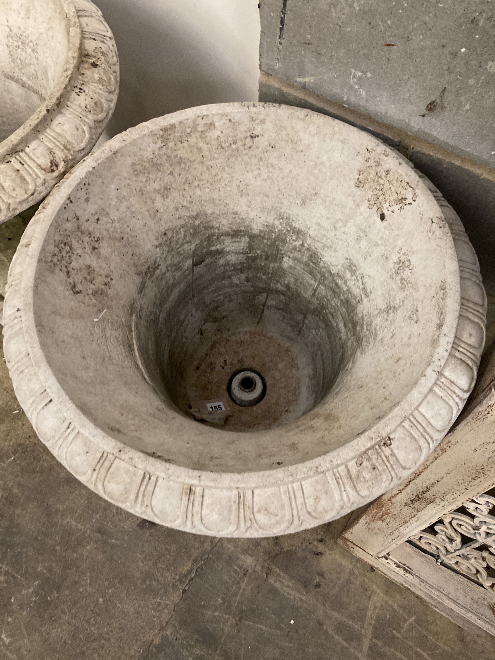 A pair of reconstituted stone campana shaped garden urns, diameter 54cm, height 72cm